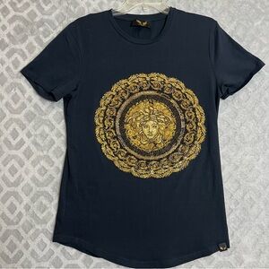 Uomini Studio Men’s Black And Gold Graphic Rhinestone Medusa T-shirt Top Size M